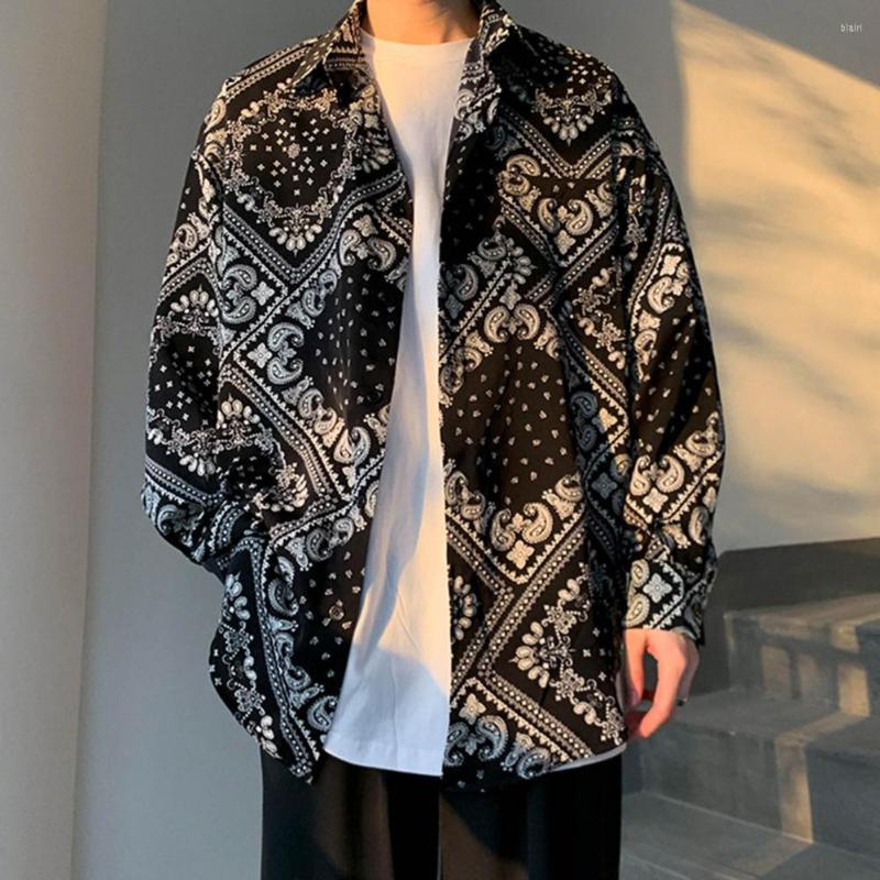 

Men's Casual Shirts Men Vintage Hiphop Bandana Beach Style Oversized For Turn-down Collar Long Sleeves Button Shirt Jackets, Black