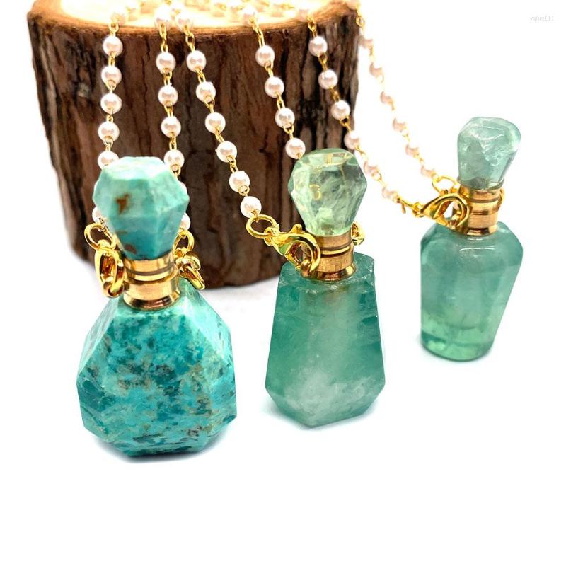 

Pendant Necklaces Natural Stone Green Fluorite Perfume Bottle Fashion Necklace Turquoise Two-hole Essential Oil