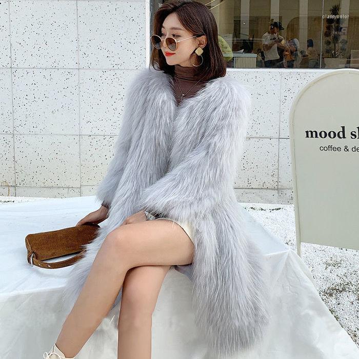 

Women' Fur 2022 Women Winter Fashion Long Solid Color Warm Jackets Female Thicken Faux Raccoon Coats Ladies Outerwear R398, Light grey