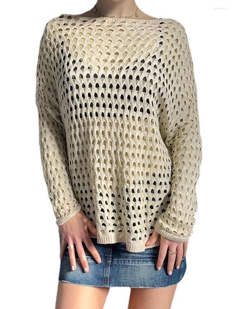 

Women' Sweaters Women  Summer Crochet Hollow Out Beach Cover-Ups Knitted Long Sleeve Bikini Swimsuit Cover Up Tunic Top, Beige