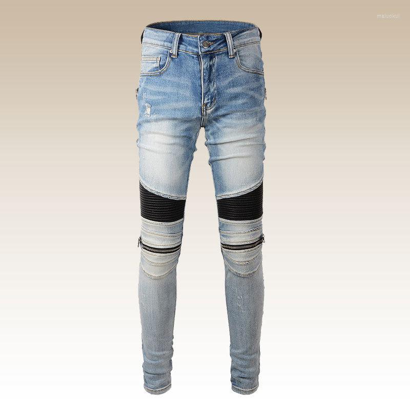 

Men's Jeans Fall Vintage Punk Spliced Men Zipper Pleated Designer For Motorcyle Blue Streetwear Worn Pants Trousers, Picture