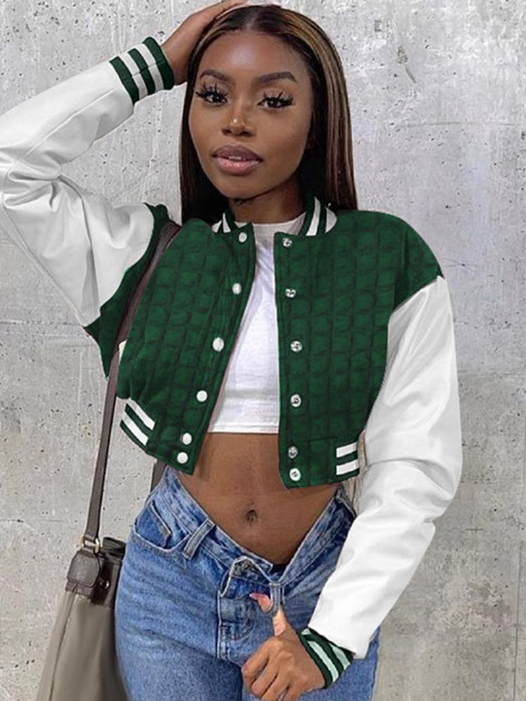 

Women' Jackets Stacked Green Baseball Uniform Jacket Women 2022 Fall Winter Fashion Patchwork Button Blue Crop Top Bomber Coat