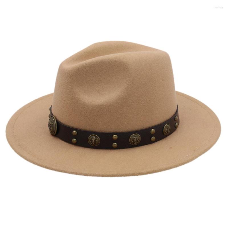 

Berets Fashion Men Wool Black Felt Fedora Hat With Wide Brim Fascinator Jazz Godfather Steampunk Belt Cap Size 56-58cm