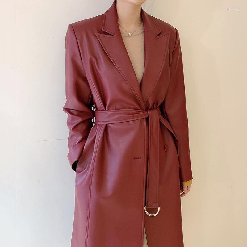 

Women's Leather 2022 Long Sleeve  Women Genuine Trench Coat Single Breasted Peatent Jacket, Black