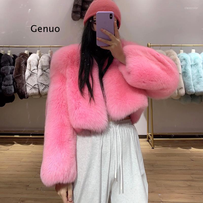 

Women's Fur Rf20134 Short Pattern Long Sleeve Winter Women's Luxury Whole Leather Real Red Coat Round Collar, Pink