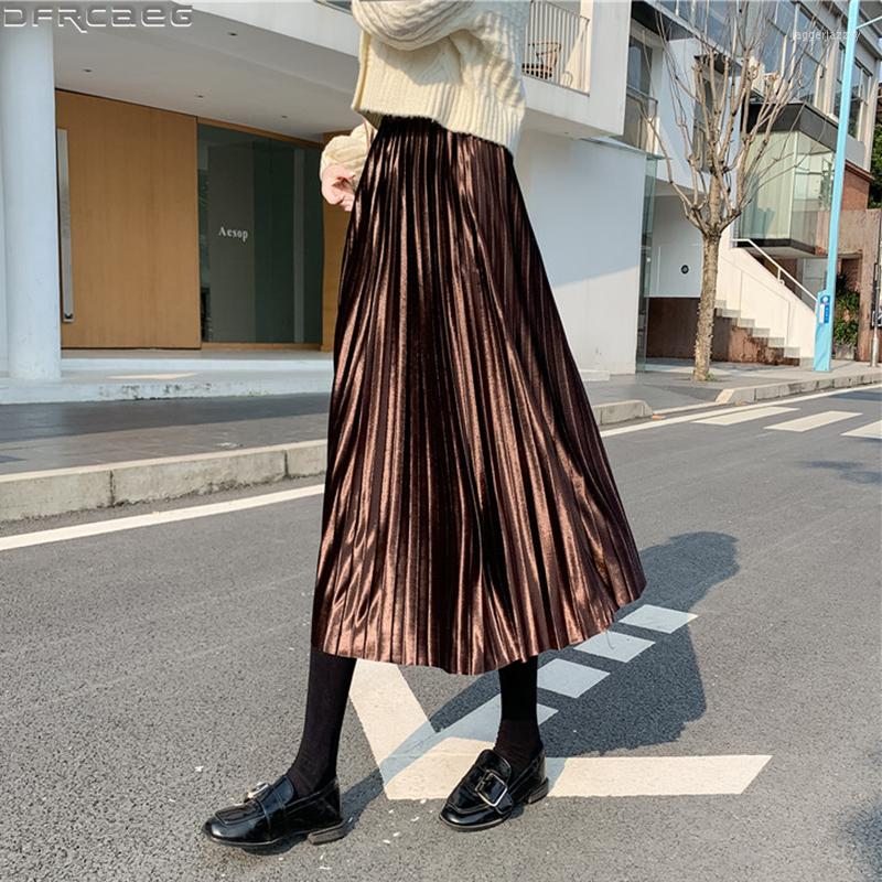 

Skirts 2022 Winter Golden Velvet Woman Casual Loose Stretch Elastic Waist Faldas Korean Streetwear Solid Pleated Skirt Women, Black