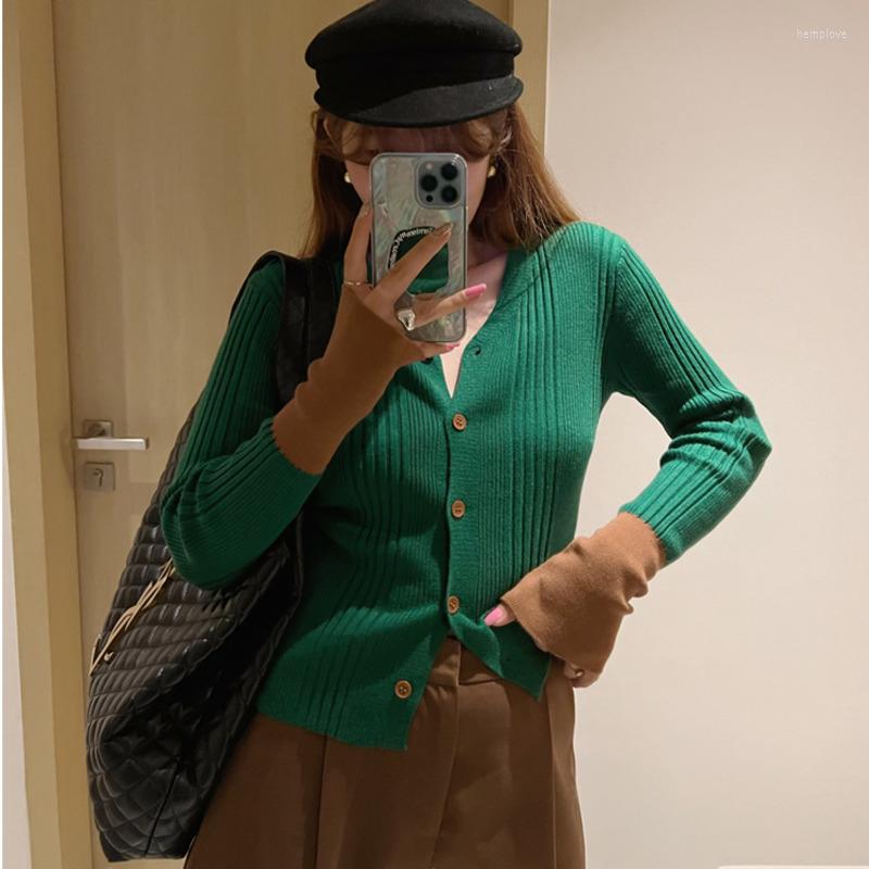 

Women's Knits Vintage Green Women Knitted Cardigan 2022 Autumn Winter V-neck Single Breasted Slim Long Sleeve Patchwork Sweater Knitwear