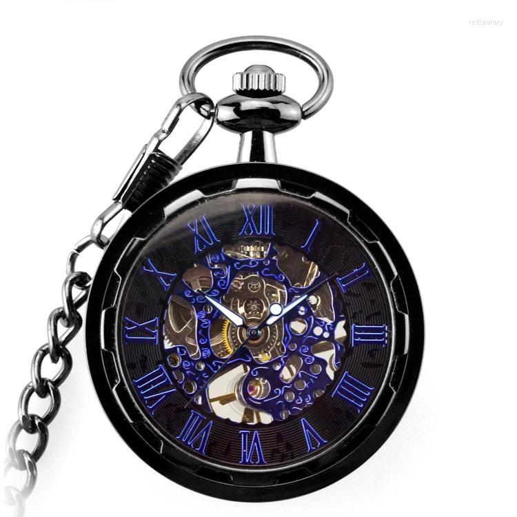 

Pocket Watches 5pcs/lot Retro Roman Numbers Mechanical Watch For Men Women With FOB Chain Skeleton Hand-winding, Black
