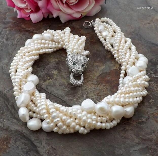 

Chains Beautiful 9row White Pearl Necklace Cz Pave Leopard Head Clasp