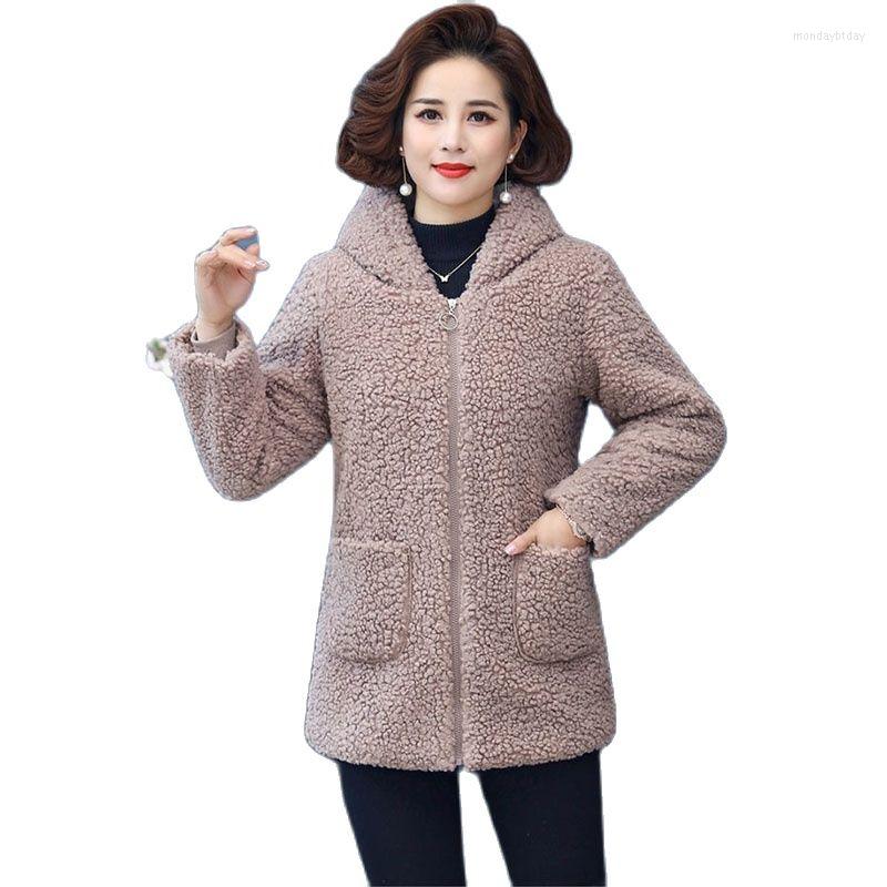 

Women's Trench Coats 2022 Autumn Winter Middle Aged Mother Fashion Imitation Lambswool Women's Coat Fleece Thicken Loose Hooded Female, Khaki