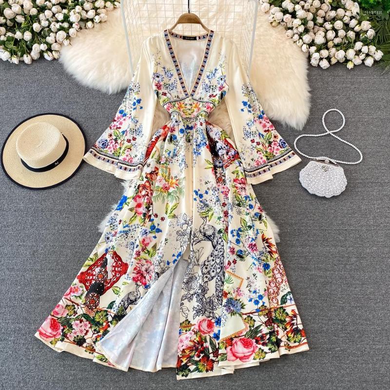 

Casual Dresses Bohemian Seaside Vacation Ethnic Print V-neck Bell-sleeve Dress Elegant Temperament Long, Black