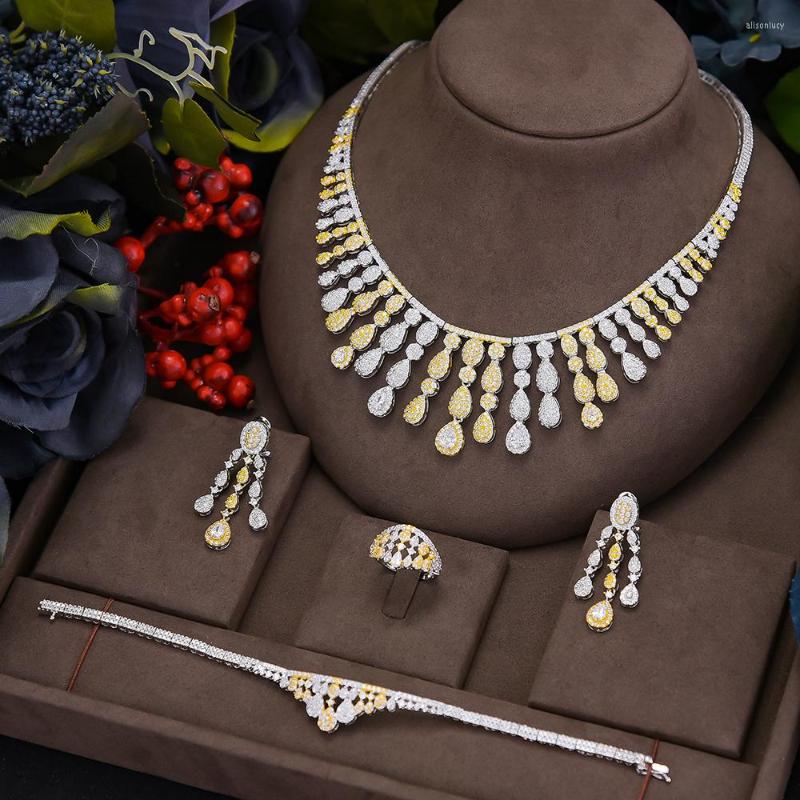 

Necklace Earrings Set GODKI Fashion Waterdrop 4pcs DUBAI Jewelry For Women Party Gift Cubic Zircon Nigeria Wedding, Picture shown