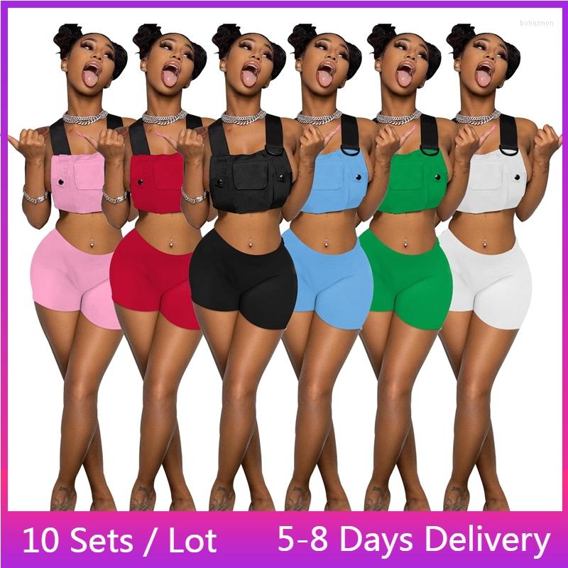 

Women' Tracksuits Wholesale Items Fashion Sexy Two Piece Set Women Summer Pocket Cargo Crop Top And Shorts Streetwear Club Outfits, Black