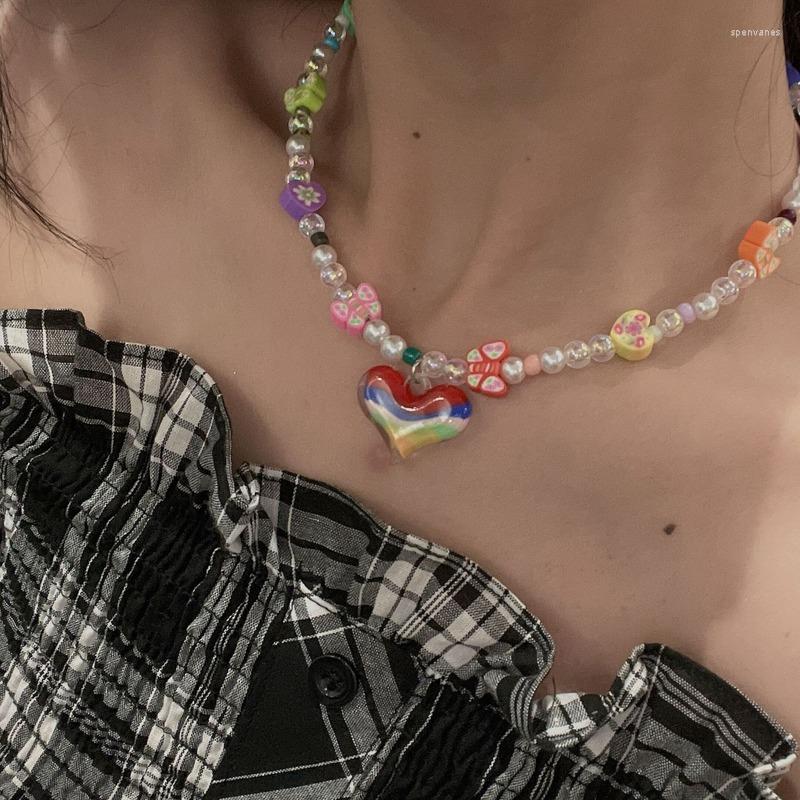 

Chains Y2K Accessories Beaded Acrylic Butterfly Necklace For Women Egirl Sweet Cool Dazzling Heart Pendant Imitation Pearl 90s