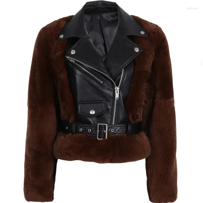 

Women's Leather Genuine Jacket Women Real Rex Fur Sleeve And Body, Auburn
