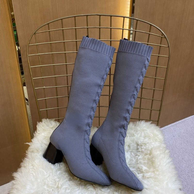 

Brand Casual Shoes 2022 early autumn new elastic thick heel boots knitted long tube boots, Gray