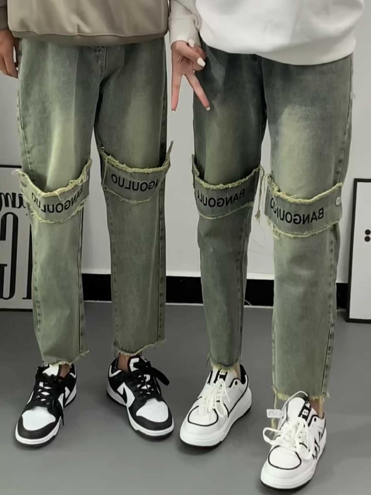 

Design Sense Old Yellow Mud Color Jeans For Men And Women Loose Fashion Label Slim Raw Edge Cropped Pants, C1939 yellow mud jeans