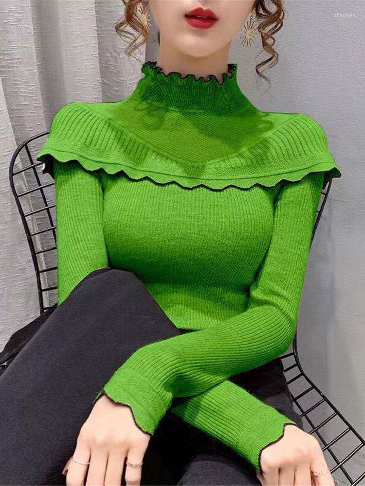 

Women' Sweaters 2022 Autumn Winter Women Fashion Patchwork Half Turtleneck Knitted Pullover High Elastic Slim Knitwear ZY7284, Green