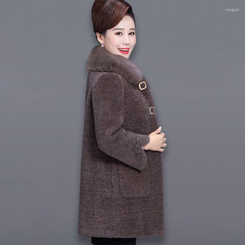 

Women's Wool Middle-aged Autumn Winter Women Imitate Mink Fleece Woolen Jacket Mid Long Mothers Leisure Warm Female Coats Tops R1756, Brown 2