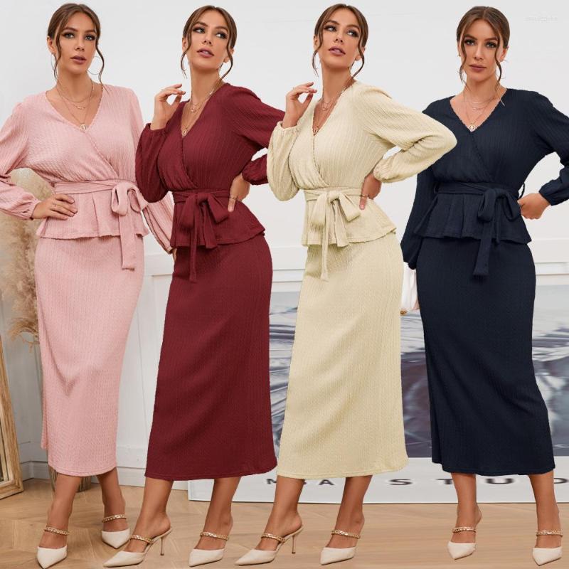 

Work Dresses Elegant V-neck Autumn Winter Women Knitted Skirt Suit Solid Color OL Long Sleeve Pullover Sweater And Slim Two-Piece Sets, C3
