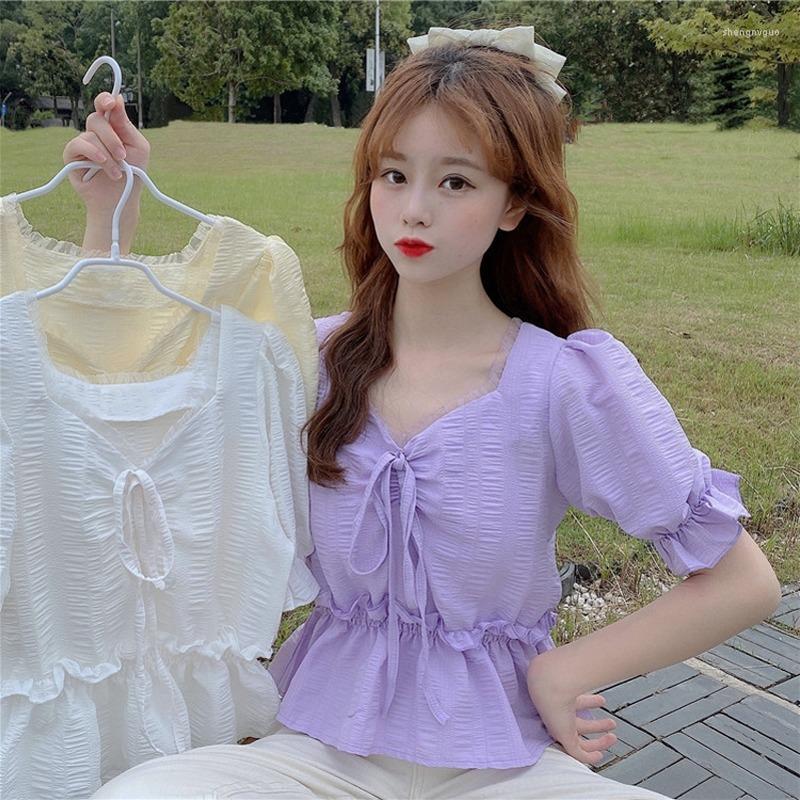 

Women's T Shirts Summer 2022 French V-neck Shirt For Women Flower Drawstring Korean Fshion Short Sleeve Tees Loose Tops Ropa Mujer T-shirt, White