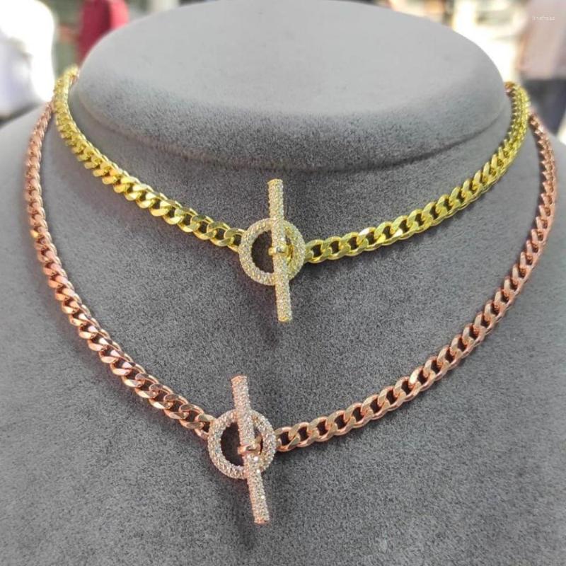 

Choker Gold Color Curb Cuban Chain 5MM Width Miami Link Iced Out 5A Cubic Zirconia Paved CZ Toggle Clasp Necklace