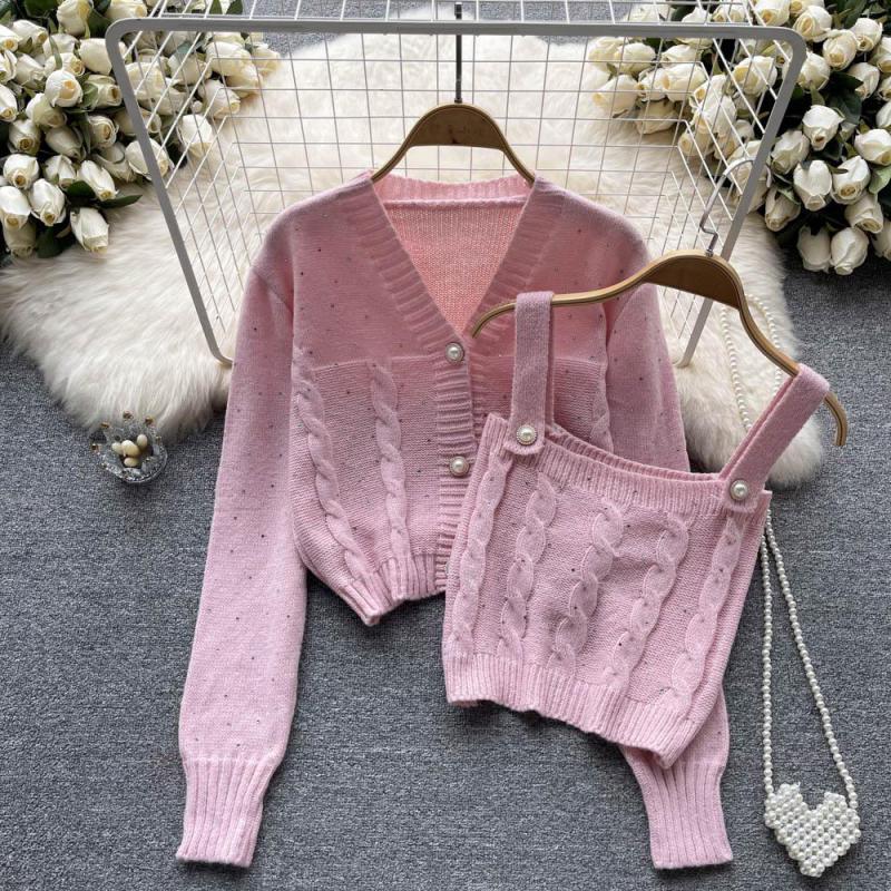 

Women's Knits Korean Matching Chest Cardigan Women Long Sleeve V-neck Coat 2022 Spring Autumn Fashion Ladies Solid Knit Sweater 2 Pieces