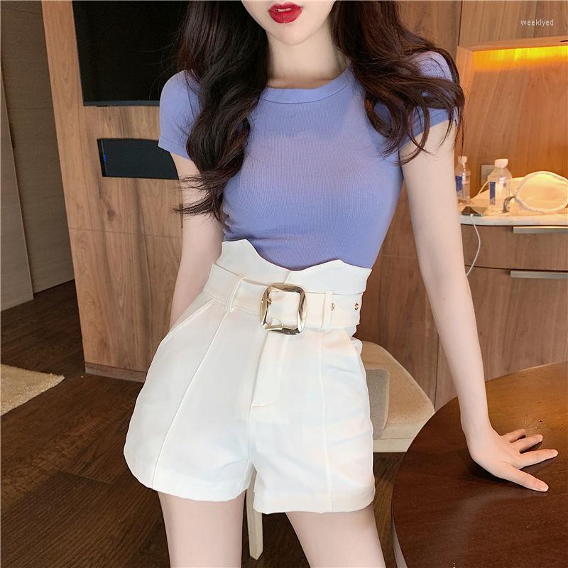 

Women' Tracksuits Women 2022 Summer Two Piece Sets Female Ice Silk Short Sleeve Knitted Tops High Waist Wide-leg Shorts Ladies Suits P37, Just tops
