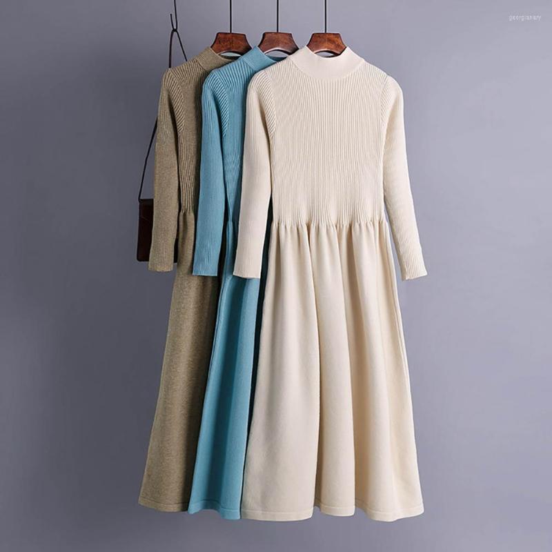 

Casual Dresses Half High Collar Long Sleeve Ribbed Sweater Dress Elegant Waist Tight Pleated Large Hem Knitted Midi Female Clothing, Black
