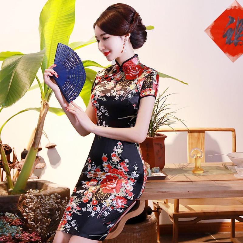 

Ethnic Clothing Black Chinese Lady Sexy Cheongsam Print Flower Mini Qipao Traditioanl Casual Dress For Women Mandarin Collar Oversize 6XL