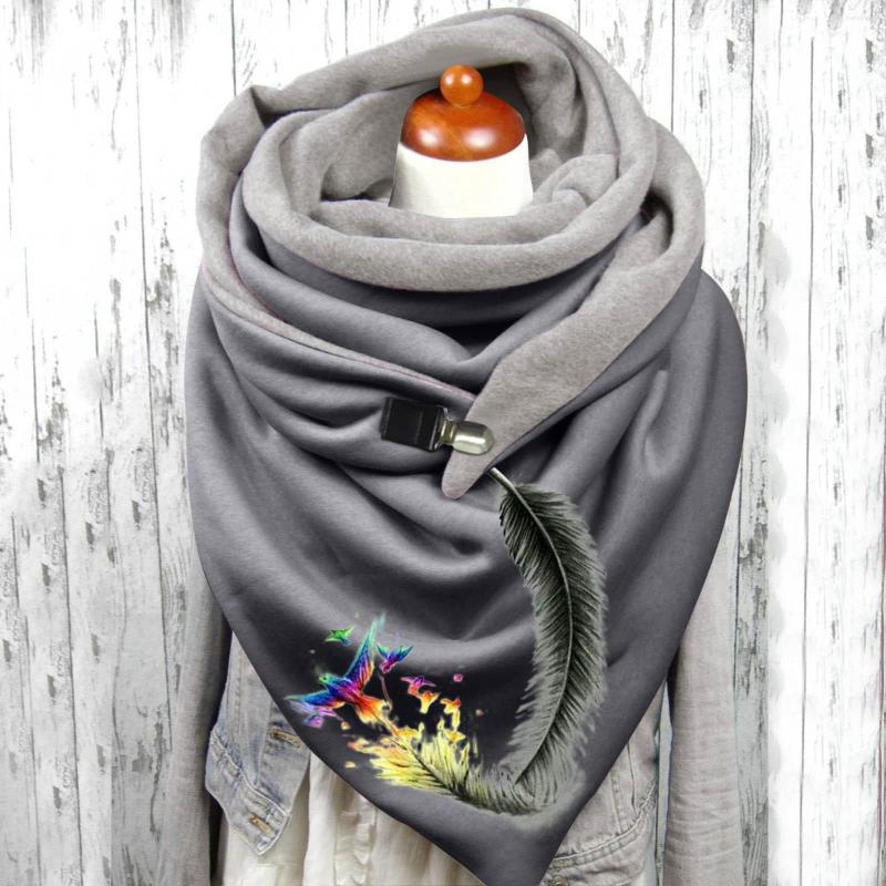 

Scarves Women Feather Print Cotton Winter Warm Button Up Scarf Neck