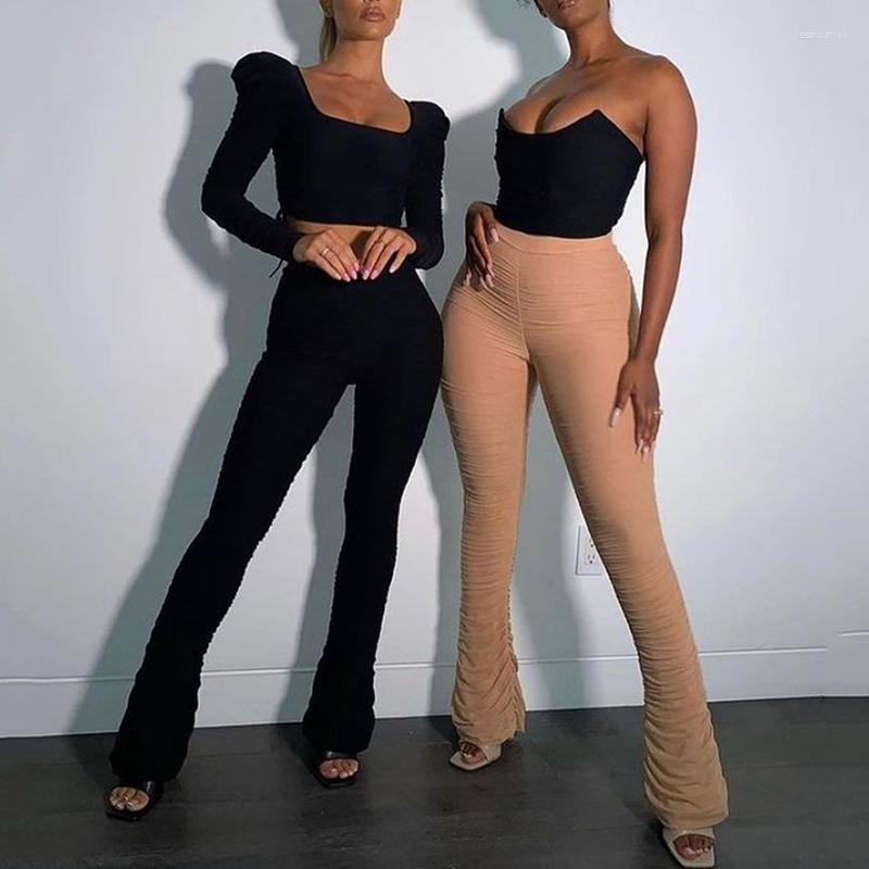 

Women's Pants Solid Ruched Stacked Falre High Waist Mesh Patchwork Bell Trousers Bodycon Sexy Streetwear 2022 Spring Summer, Pink