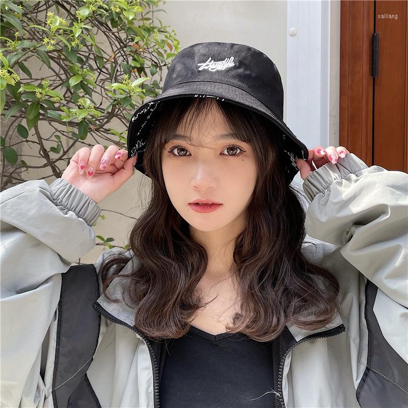 

Berets 2022 Summer Reversible Bucket Hat Women English Letters Print Cotton Sun Protection Fisherman Cap Panama Bob Gorro Pescador