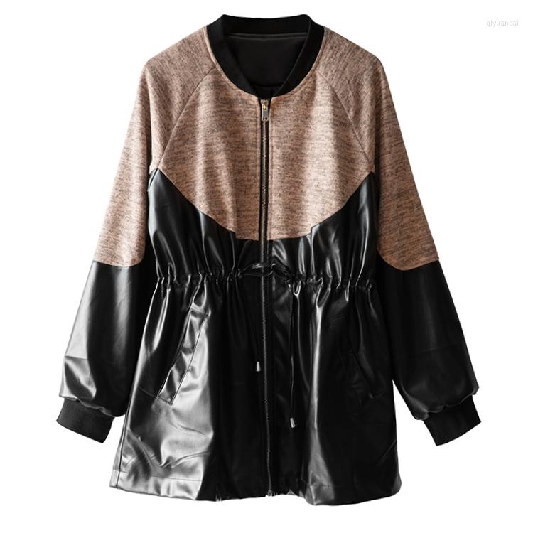 

Women's Jackets Fashion Contrast Color PU Jacket Women Winter Leather Coat, Black