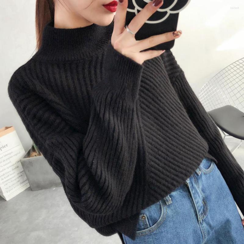 

Women's Sweaters Women Autumn Winter Mock Neck Sweater Elastic Striped Knitted Pullover Bottoming Top Pullovers, Black