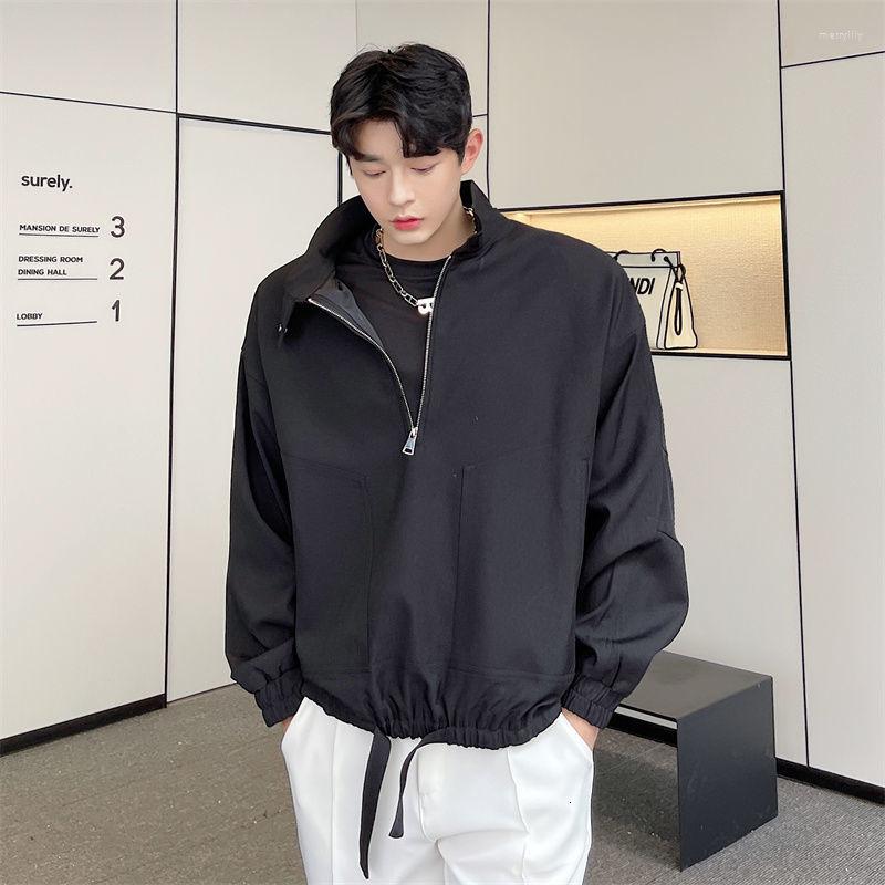 

Men's Jackets Tide Korean Black White Short Jacket Handsome Simple Workwear Half Zipper Pullover Loose Long Sleeve Coat Drawstring Hem