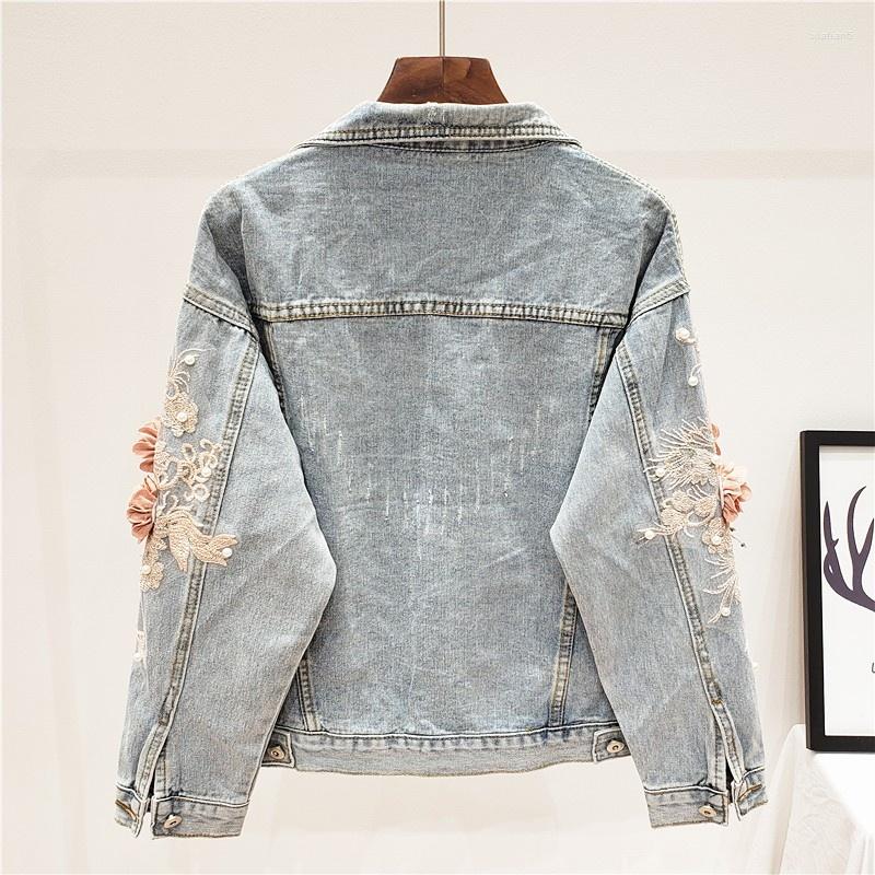 

Women' Jackets Women Autumn Flower Embroidery Loose Fit Denim Jacket Short Long Sleeve Fashion Ladies Hip Hop High Street Jean Outerwear, Deep blue