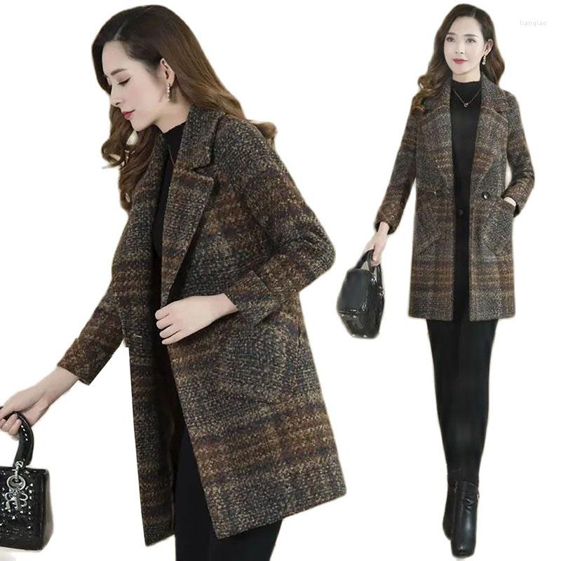 

Women's Wool Autumn Winter 2022 Middle Aged Mother Coat Lattice Woole Cloth Women's One Grain Buckle Suit Collar Ladies Overcoat, Blue stripes