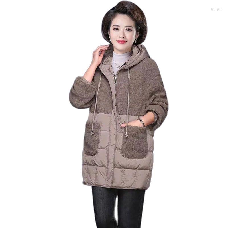 

Women's Trench Coats WinterThicken Down Cotton Ladies Mid-long Zipper Pocket Hooded Female Outerwear Loose Splicing Women's Windbreakers, Black