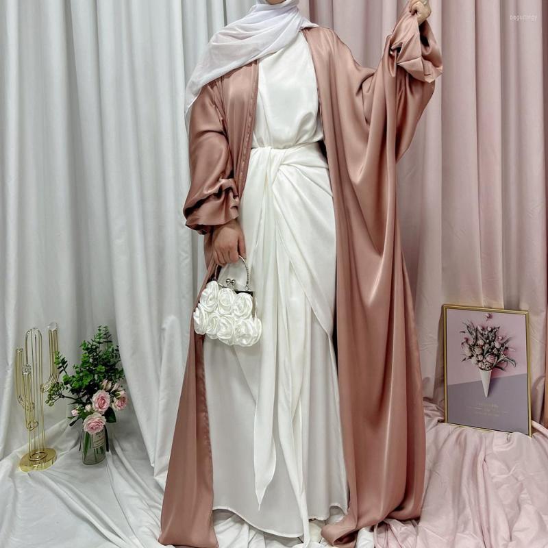 

Ethnic Clothing Ramadan Solid Open Abaya Kimono Dubai Turkey Puff Sleeve Satin Muslim Hijab Dress Abayas For Women Moroccan Kaftan Islam