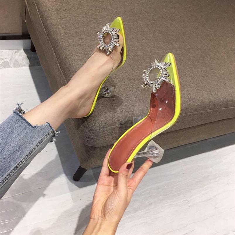 

Slippers 2021 Summer Luxury Women Crystal Neon Mules Lady Lime Green White Clear High Heels Mujer Outdoor Party Shoes275i, Yellow