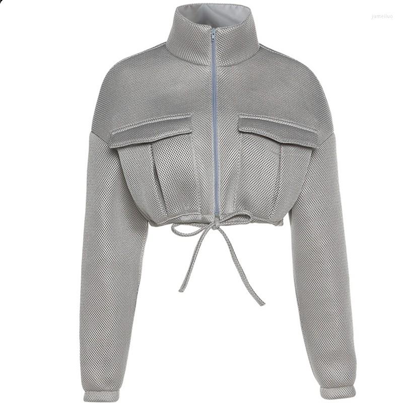 

Women' Jackets DISCVRY Mesh Plaid Autumn Spring Coat Women Trend Turtleneck Zipper Pocket Crop Jacket Solid Slim Drawstring Female, Black