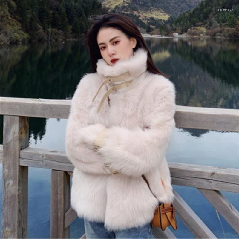

Women' Fur Autumn Winter Double Leather Buckle Stand-Up Collar Faux Coat Women Loose Plush, Khaki