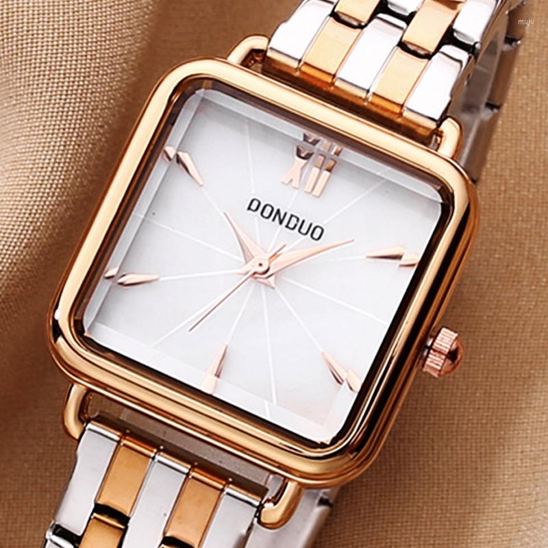 

Wristwatches Women Watch Stainless Steel Rhinestone Female Clock Quartz Wristwatch Bracelet Fashion Square Ladies, Gold white