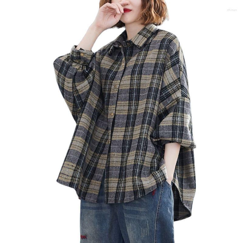 

Women's Blouses Extra Large Women's Shirts Fashion Long Sleeve Spring Autumn Plaid Shirt Jacket Bat Thick Woolen Female Outerwear Tops, Dark green grid