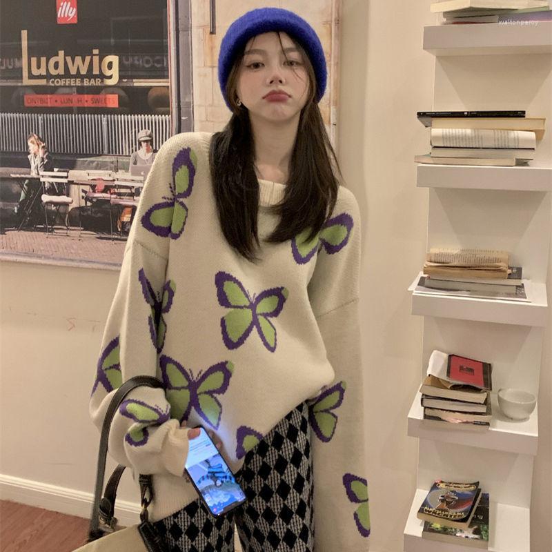 

Women' Sweaters 2022 Autumn And Winter Butterfly Jacquard Sweater Women' Loose Harajuku Style Pullover Outer Wear Knitted Top Coat