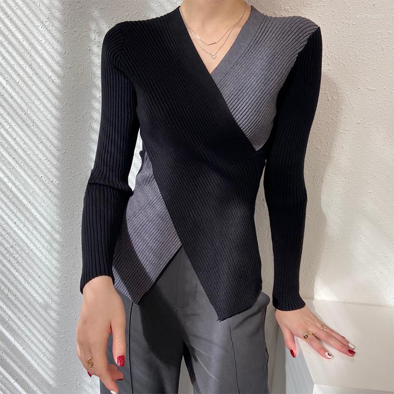 

Women's Sweaters 2022 Autumn Winter Women V-Neck Cross Knitted Fashionable Skinny Bottoming Elegant Lady Jumpers, Black