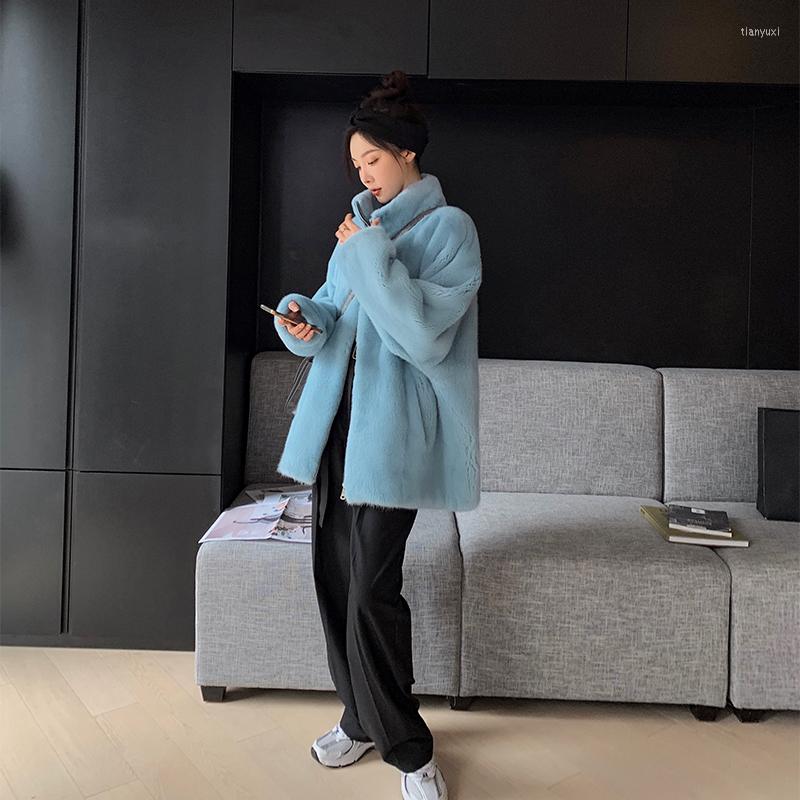 

Women' Fur 2023 Winter Fake Women' Fashion Casual Stand-up Collar Solid Color Long-sleeved Black Sky Blue Jacket, Beige