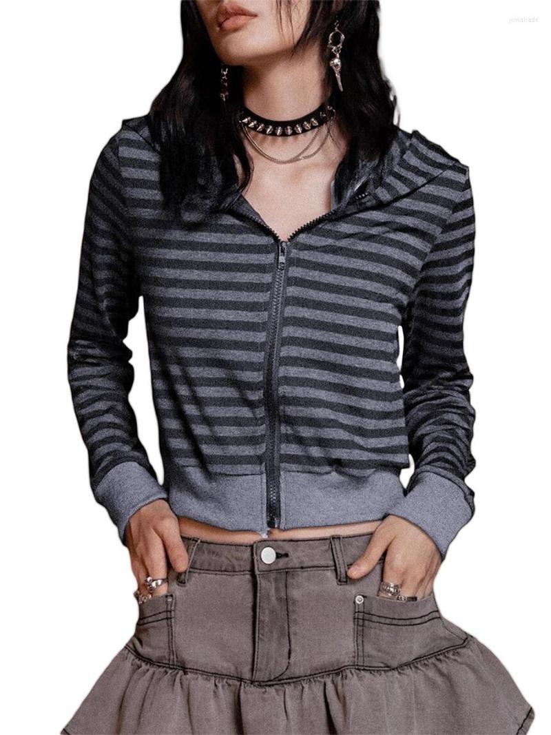 

Women' Hoodies Women Vintage Striped Hoodie Jacket Goth Grunge Long Sleeve Zip Up Cropped Coat Tops Streetwear, Black grey