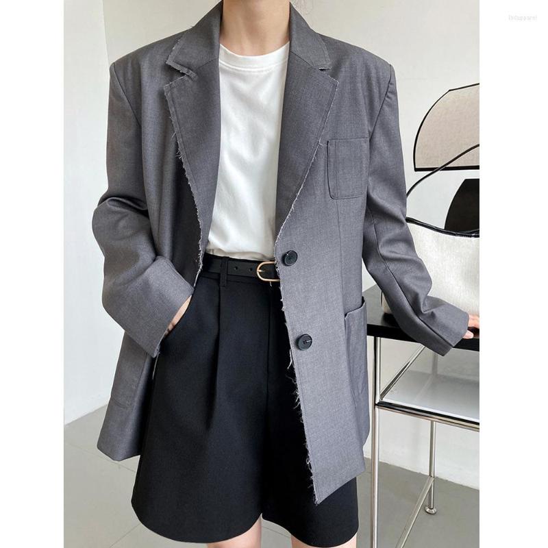 

Women's Suits Women's Burrs Trim Oversized Blazer Gray Black Long Sleeve Loose Casual Dual Pocket Front Coat